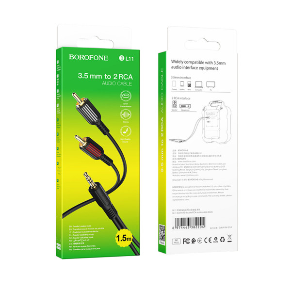 Аудіокабель BOROFONE BL11 3.5mm to double RCA audio cable Black