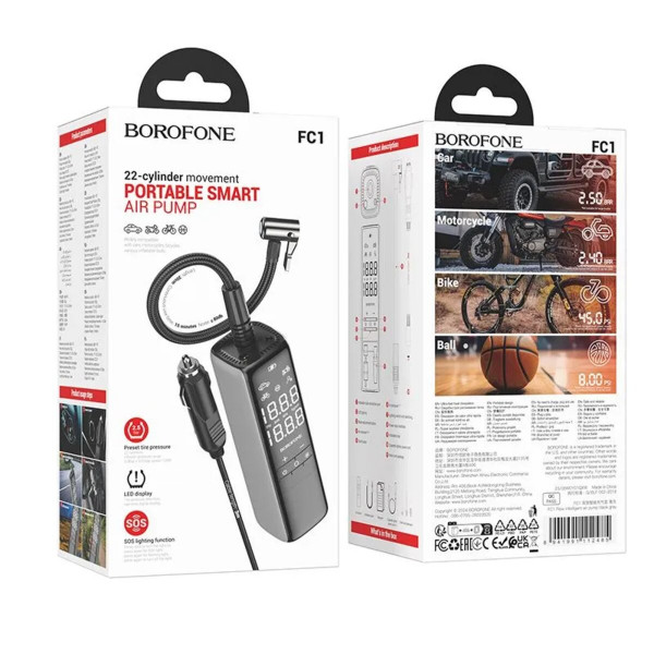 Автомобільний насос BOROFONE FC1 Flow intelligent air pump Чорний Gray