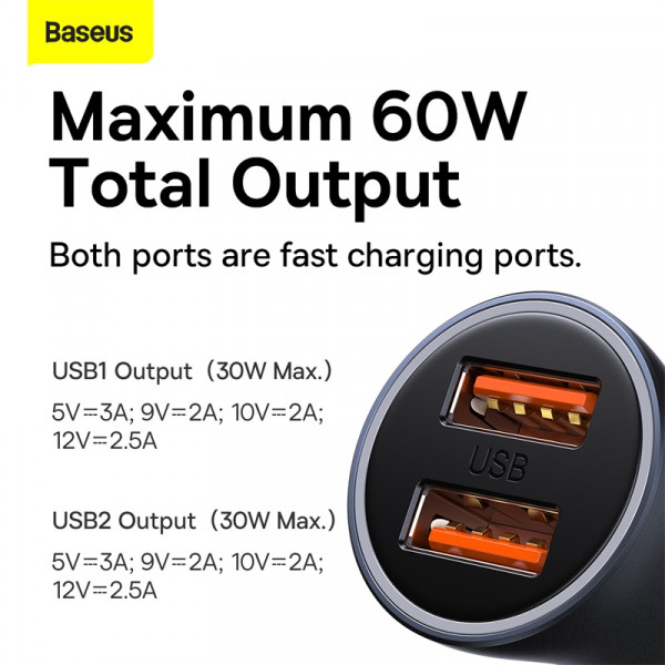 Автомобільний зарядний пристрій Baseus Golden Contactor Max Dual Fast Charger Car Charger U+U 60W Dark Gray (CGJM000013)