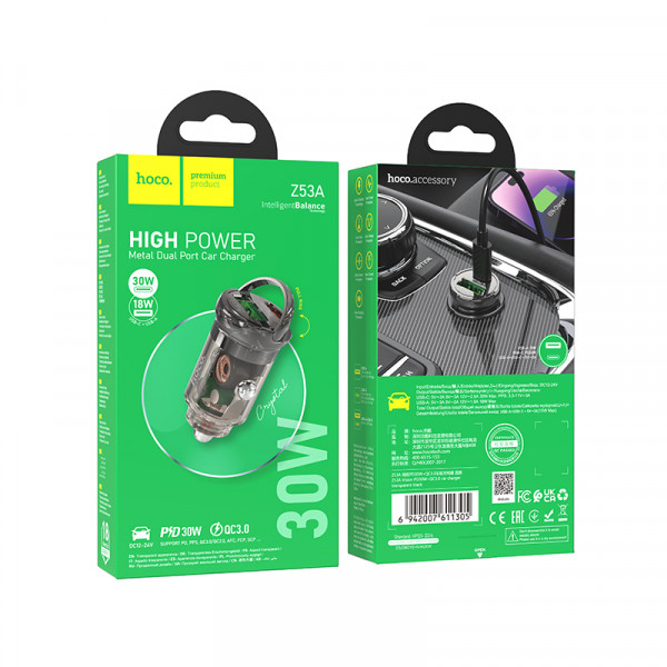 Автомобільний зарядний пристрій HOCO Z53A Vision PD30W+QC3.0 car charger Transparent Black (6942007611305)
