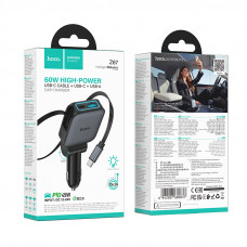 Автомобільний зарядний пристрій HOCO Z67 Triunfar PD60W(1C1A)+Type-C car charger with telescopic cable Metal Gray (6942007680837)