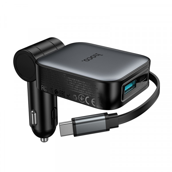 Автомобільний зарядний пристрій HOCO Z67 Triunfar PD60W(1C1A)+Type-C car charger with telescopic cable Metal Gray (6942007680837)
