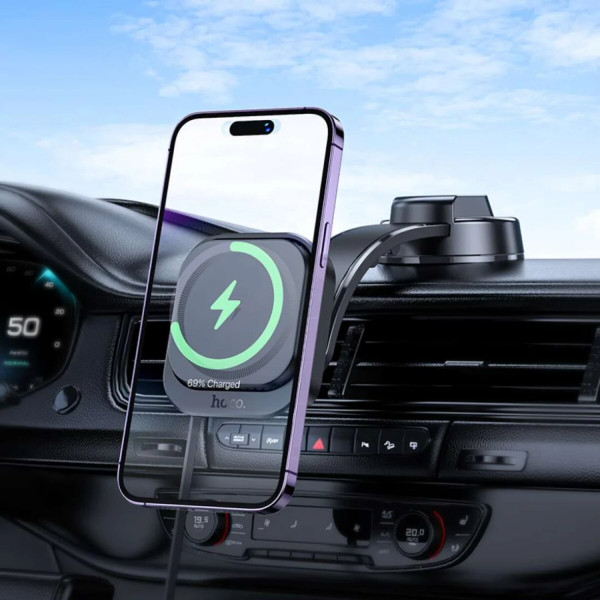 Автотримач для телефона HOCO HW29 Totem ring magnetic wireless fast charging car holder (center console) Black Metal Gray