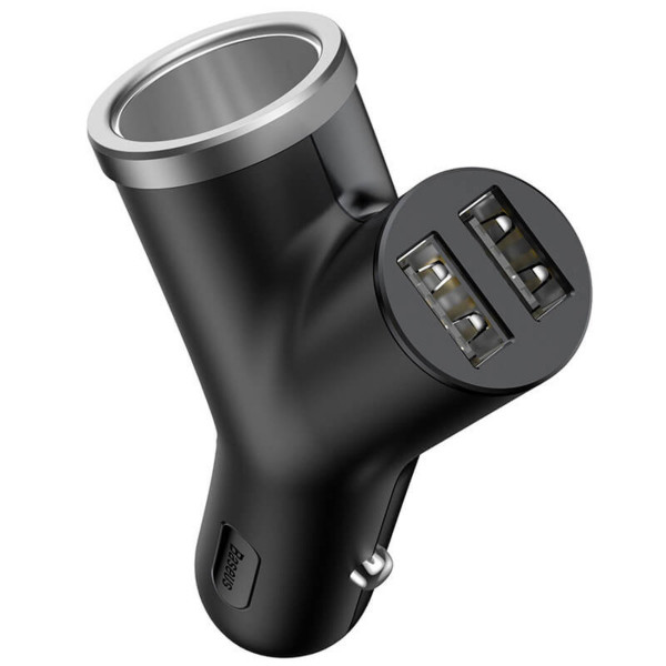 АЗП Baseus Y type dual USB+cigarette lighter extended car charger 3.1 A Чорний