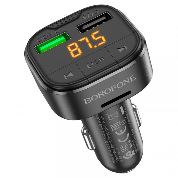АЗП з FM-модулятором BOROFONE BC43 Flash QC3.0 car BT FM transmitter 18W Black (6974443387223)