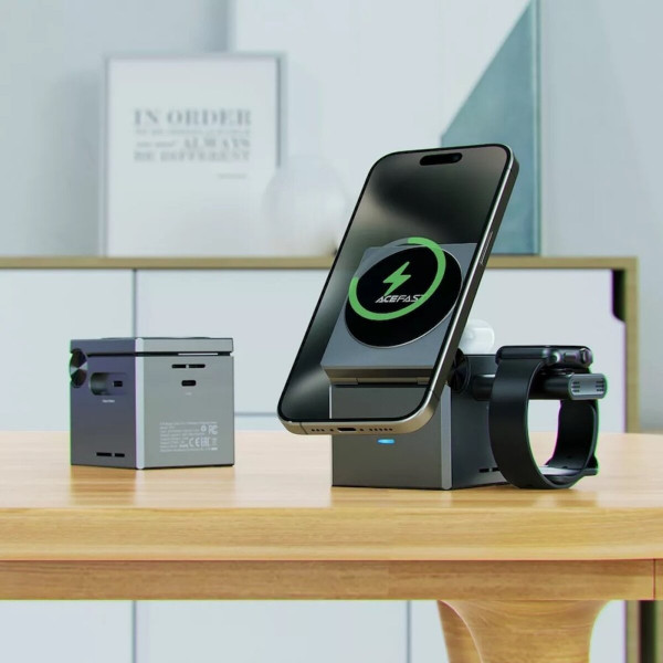 Бездротовий зарядний пристрій ACEFAST E18 Rubik's Cube 3-in-1 wireless charging holder Metal Gray