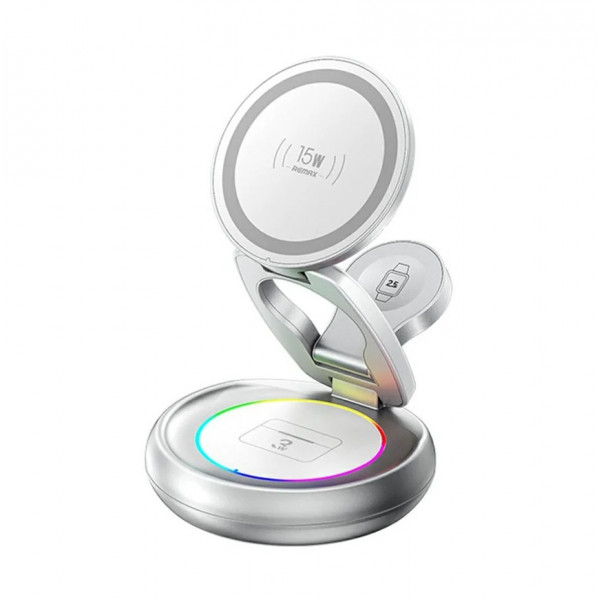 Бездротовий зарядний пристрій REMAX 20.5W Upgrade free metal foldable rotatable magnetic 3 in 1 wireless charger CW05 Sliver (6954851260271)