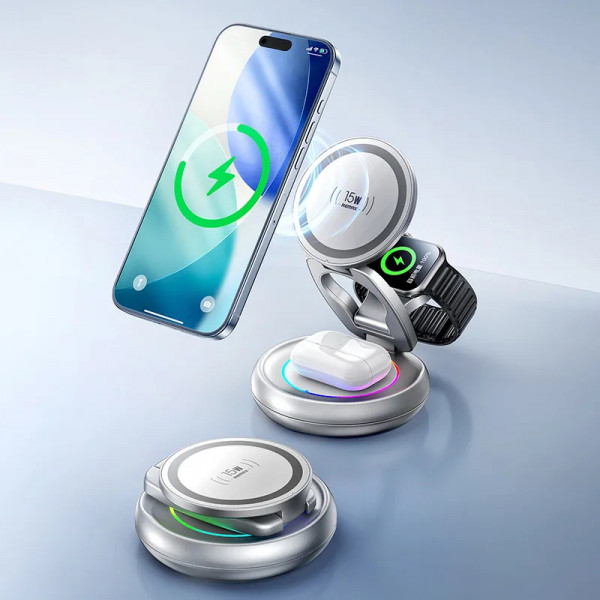 Бездротовий зарядний пристрій REMAX 20.5W Upgrade free metal foldable rotatable magnetic 3 in 1 wireless charger CW05 Sliver (6954851260271)