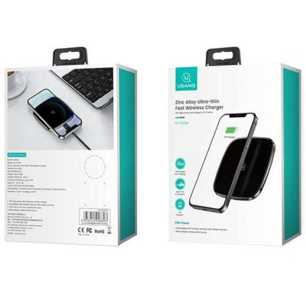 БЗП Usams CD154 Zinc Alloy Ultra-thin Fast Wireless Charger 15W Чорний