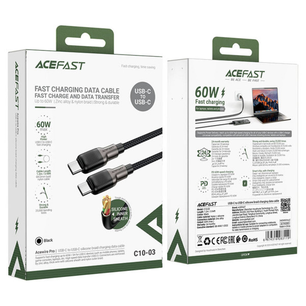 Кабель ACEFAST C10-03 Type-C to Type-C 3A, 60W, 1.2m, silicone, zinc connectors, Чорний