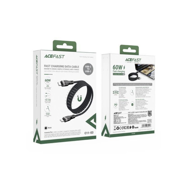 Кабель ACEFAST C11-03 Type-C to Type-C 3A, 60W, 1.2m, nylon + PVC, zinc connectors, Чорний