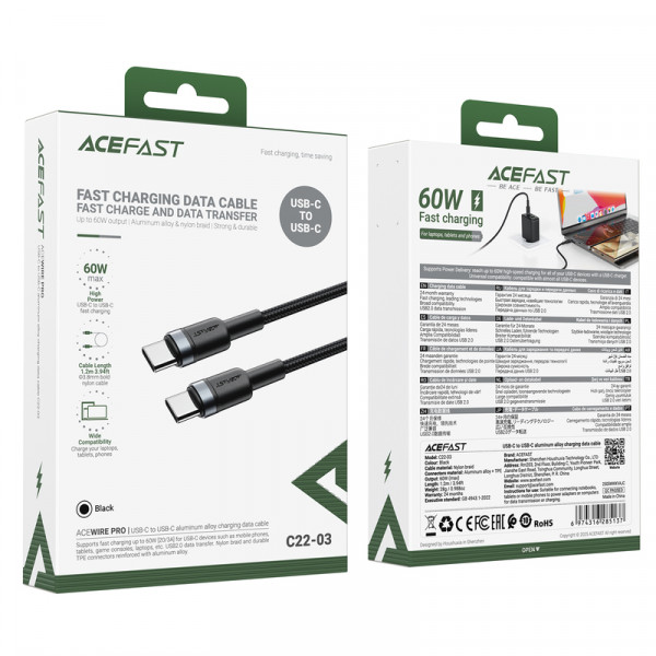 Кабель ACEFAST C22-03, Type-C to Type-C, 60W, 3A, 1.2m, Nylon Braid, Aluminum Alloy + TPE connectors, Black (6974316285137)