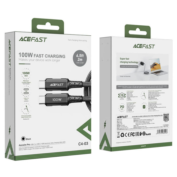 Кабель ACEFAST C4-03 Type-C to Type-C 5A, 100W, 2m, nylon, zinc connectors, Чорний