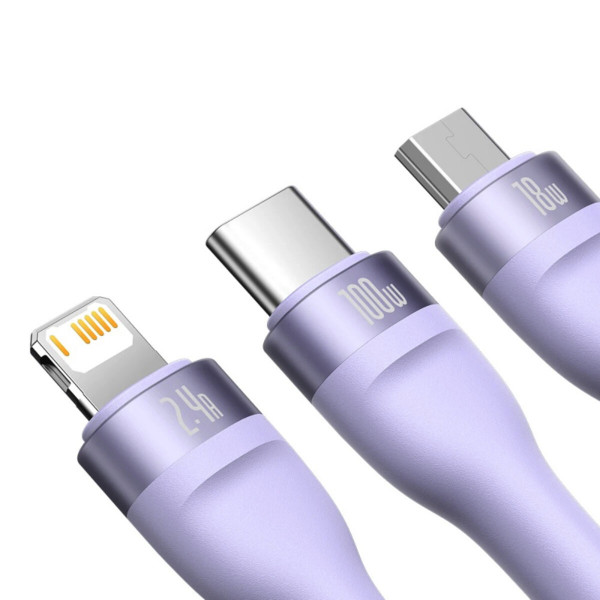 Кабель Baseus Flash Series Ⅱ One-for-three Fast Charging Data Cable USB to M+L+C 100W 1.2m Purple