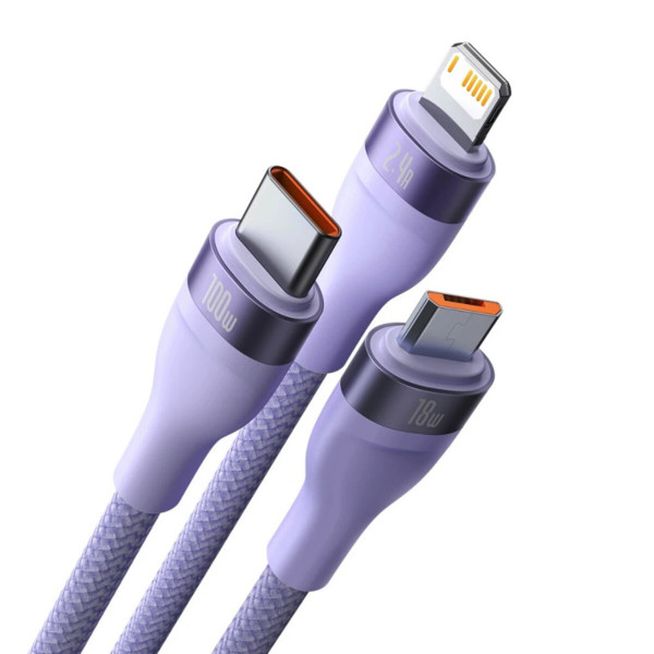 Кабель Baseus Flash Series Ⅱ One-for-three Fast Charging Data Cable USB to M+L+C 100W 1.2m Purple