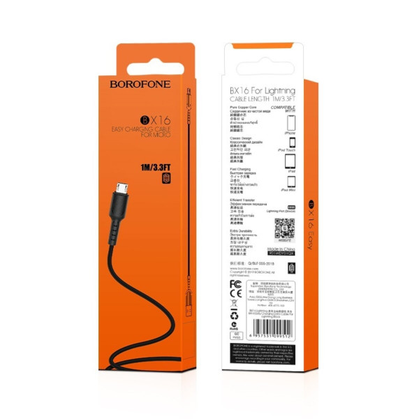 Кабель BOROFONE BX16 USB to Micro 2A, 1m, PVC, TPE connectors, Black