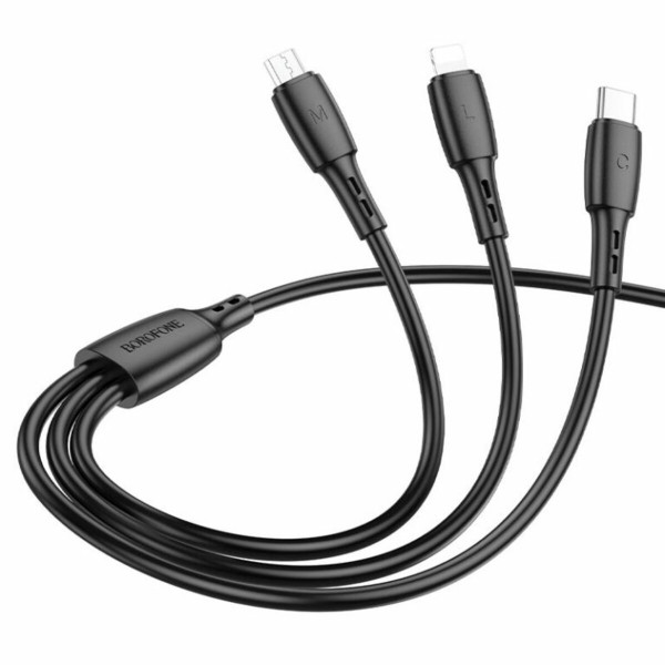 Кабель BOROFONE BX71 USB to iP+Type-C+Micro 2A, 1m, PVC, PVC connectors, Чорний