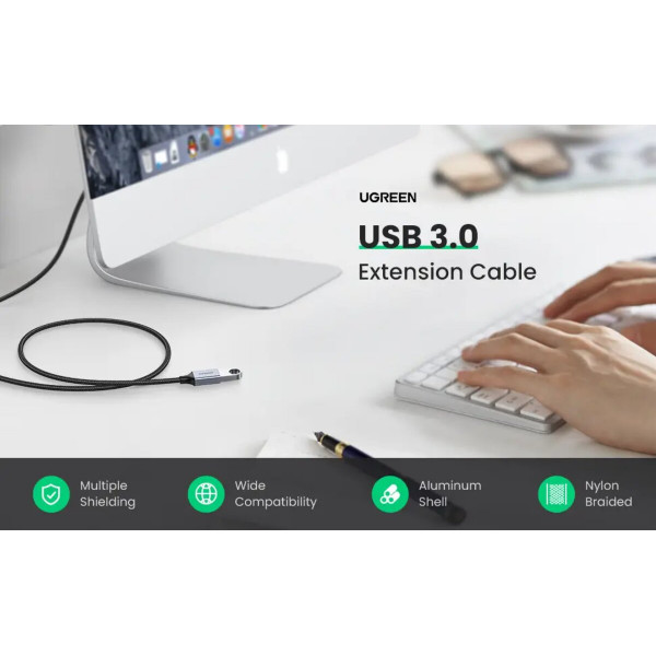 Кабель UGREEN US115 USB 3.0 Extension Cable Aluminum Case 1m (Black)(UGR-10495)