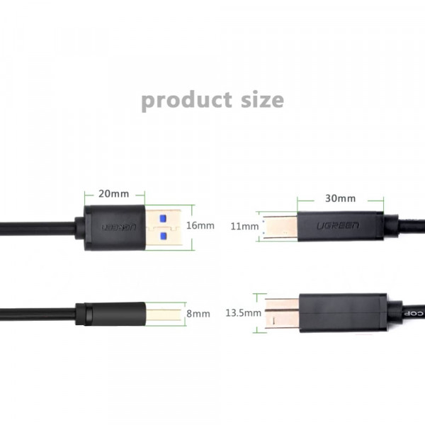 Кабель UGREEN US210 USB 3.0 AM to BM Print Cable 2m (Чорний）(UGR-10372)