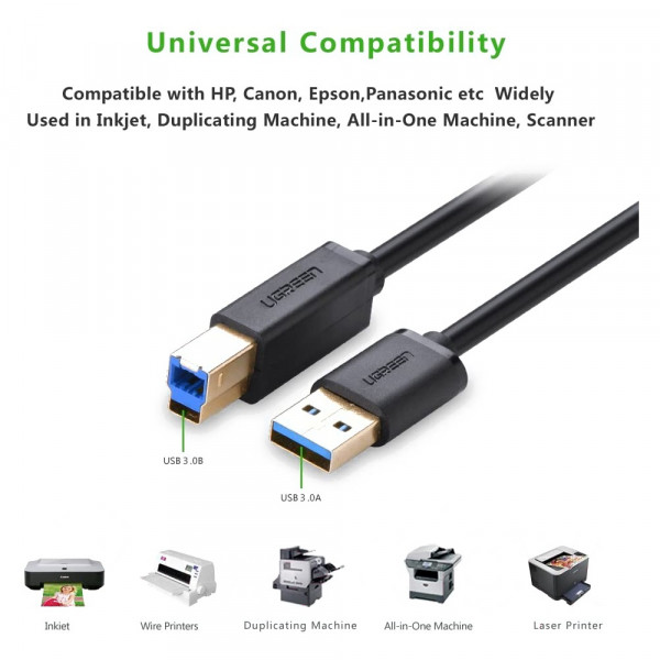 Кабель UGREEN US210 USB 3.0 AM to BM Print Cable 2m (Чорний）(UGR-10372)