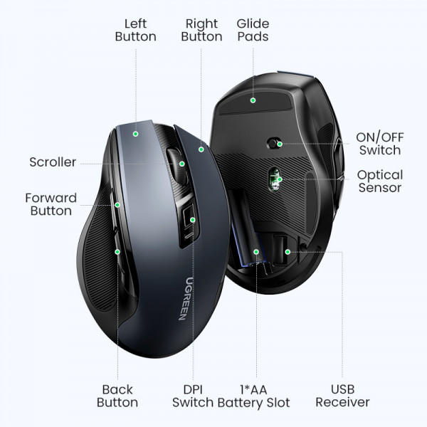 Маніпулятор миша бездротова UGREEN MU006 Ergonomic Wireless Mouse Black (UGR-90855)