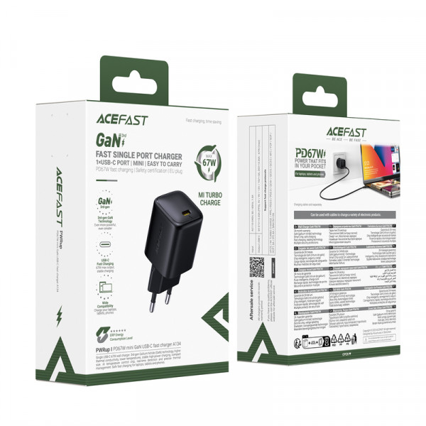 Мережевий зарядний пристрій ACEFAST A134 PD67W mini GaN USB-C fast charger Black (6974316285717)