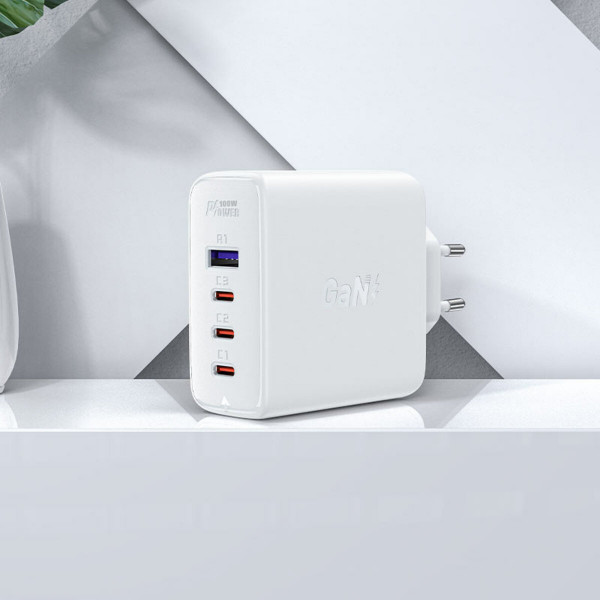 Мережевий зарядний пристрій ACEFAST A37 PD100W GaN (3*CUSB-C+USB-A) charger set White