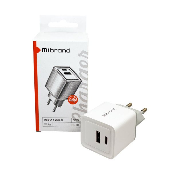 Мережевий зарядний пристрій Mibrand MI-30 GaN 30W Travel Charger USB-A + USB-C White