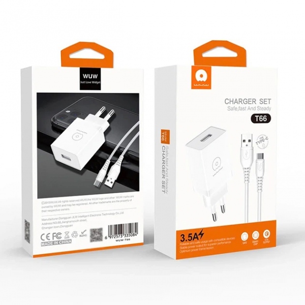 Мережевий зарядний пристрій WUW-T66 Single USB home charger kit (6972573335084)