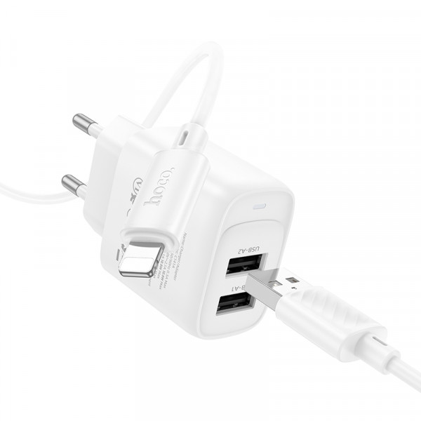 Мережевий зарядний пристрій з кабелем HOCO C141A Smart dual-port charger set(iP) White (6942007627870)