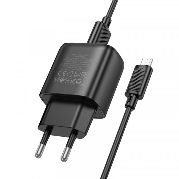 Мережевий зарядний пристрій з кабелем HOCO C141A Smart dual-port charger set(Micro) Black (6942007627887)