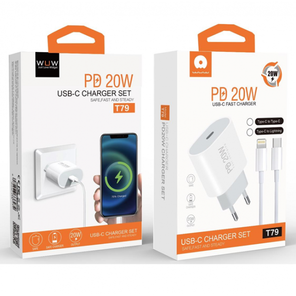 Мережевий зарядний пристрій з кабелем WUW-T79L PD 20W USB C charger with type c to type c cable (T79CL)