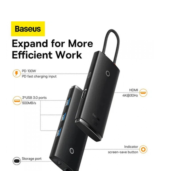 USB-хаб Baseus Lite Series 5-Port Type-C HUB Docking Station (Type-C to HDMI+USB3.0*3+PD) Black