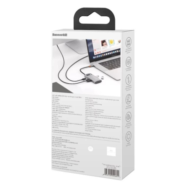 USB-хаб Baseus Metal Gleam Series 4-in-1 Multifunctional Type-C HUB Docking Station Gray（Type-C to HDMI*1+USB3.0*1+USB2.0*1+PD*1）
