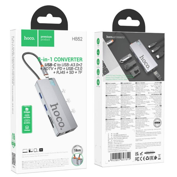 USB-хаб HOCO HB52 Wow 8-in-1 multi-function converter (HDTV+RJ45+SD/TF+PD+Type-C3.0+USB3.0*2) Deep Space Gray