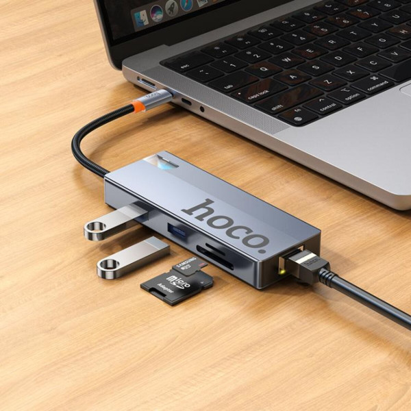 USB-хаб HOCO HB52 Wow 8-in-1 multi-function converter (HDTV+RJ45+SD/TF+PD+Type-C3.0+USB3.0*2) Deep Space Gray