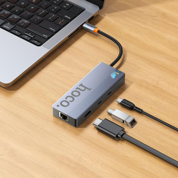 USB-хаб HOCO HB52 Wow 8-in-1 multi-function converter (HDTV+RJ45+SD/TF+PD+Type-C3.0+USB3.0*2) Deep Space Gray