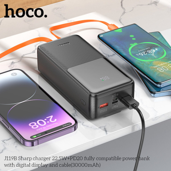 Зовнішній акумулятор HOCO J119B Sharp charger 22.5W+PD20 fully compatible power bank with digital display and cable(30000mAh) Black