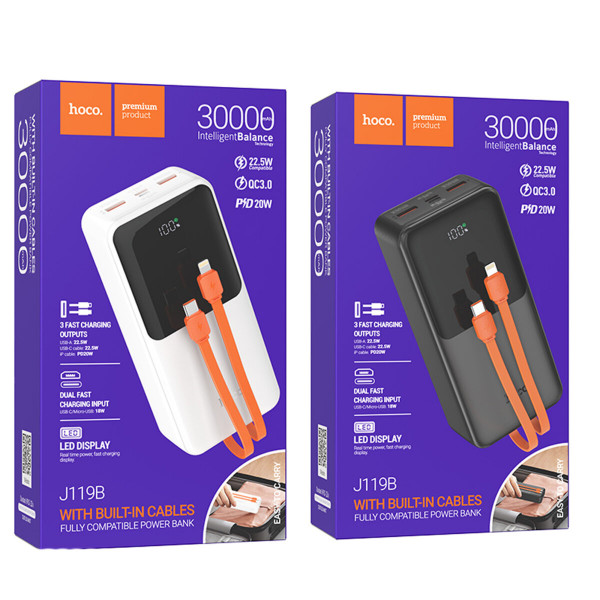 Зовнішній акумулятор HOCO J119B Sharp charger 22.5W+PD20 fully compatible power bank with digital display and cable(30000mAh) Black