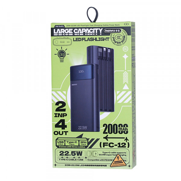 Зовнішній акумулятор REMAX 20+22.5 LED Flashlight Fast Charging Cables Power Bank 20000mAh FC-12 Black (6954851253341)