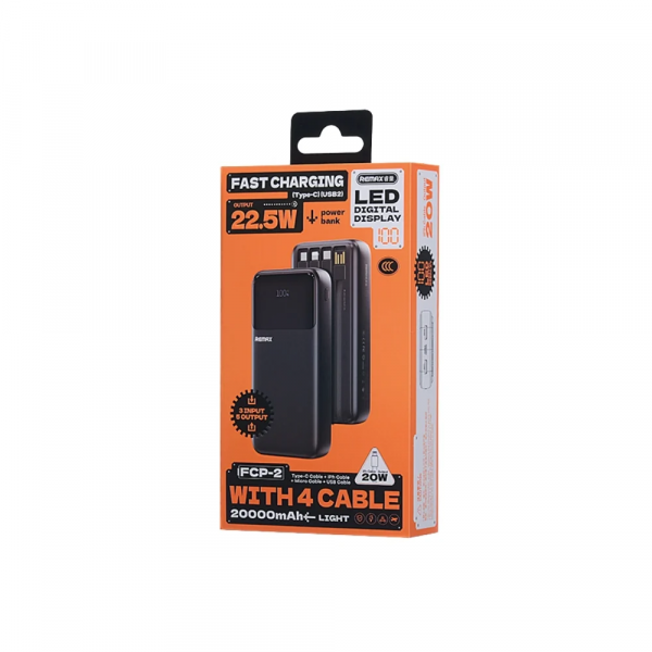 Зовнішній акумулятор REMAX 20W+22.5W with 3 Fast Charging Cable Power Bank 20000mAh FCP-2 Black (6954851247005)
