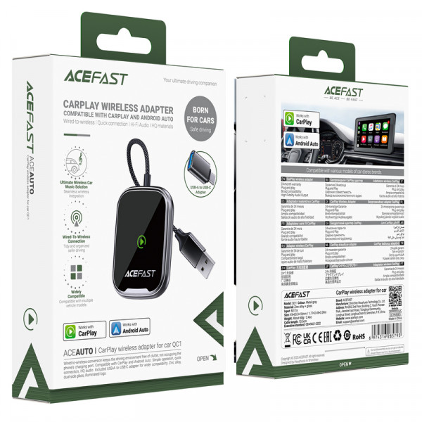 Адаптер ACEFAST QC1 CarPlay wireless adapter for car Metal Gray (6974316285793)