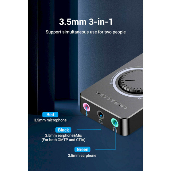 Адаптер Vention USB 2.0 External Stereo Sound Adapter with Volume Control 0.15M Black ABS Type (CDRBB)