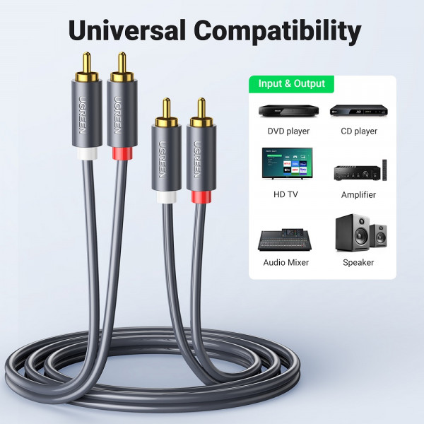 Аудіокабель UGREEN AV104, 2RCA Male to 2RCA Male, ABS, 5m Black (UGR-10520)