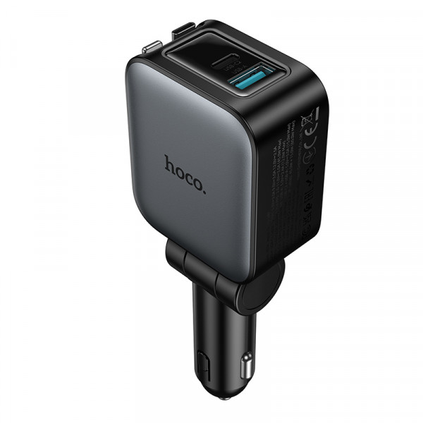 Автомобільний зарядний пристрій HOCO Z67A Triunfar PD60W(1C1A)+Type-C/iP car charger with dual telescopic cable and digital display dark Metal Gray (6942007680844)