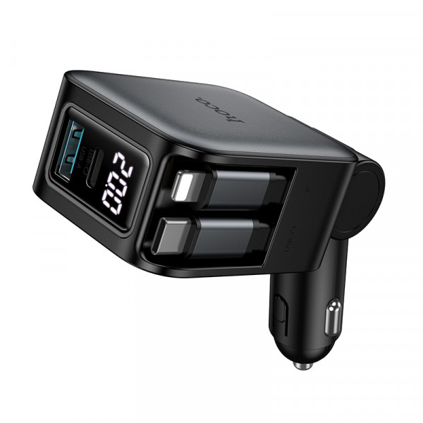 Автомобільний зарядний пристрій HOCO Z67A Triunfar PD60W(1C1A)+Type-C/iP car charger with dual telescopic cable and digital display dark Metal Gray (6942007680844)
