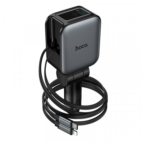 Автомобільний зарядний пристрій HOCO Z67A Triunfar PD60W(1C1A)+Type-C/iP car charger with dual telescopic cable and digital display dark Metal Gray (6942007680844)