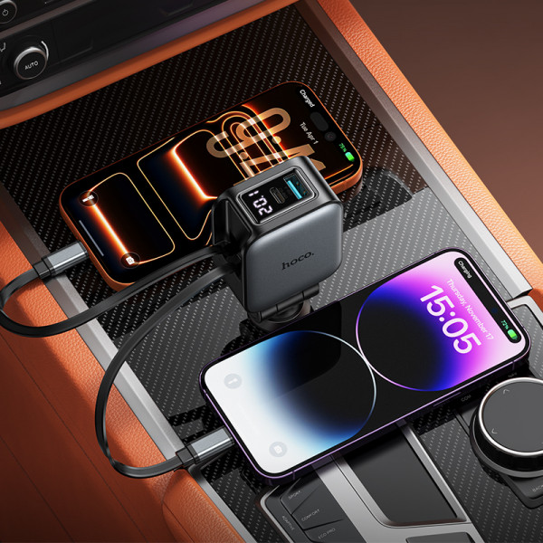Автомобільний зарядний пристрій HOCO Z67A Triunfar PD60W(1C1A)+Type-C/iP car charger with dual telescopic cable and digital display dark Metal Gray (6942007680844)