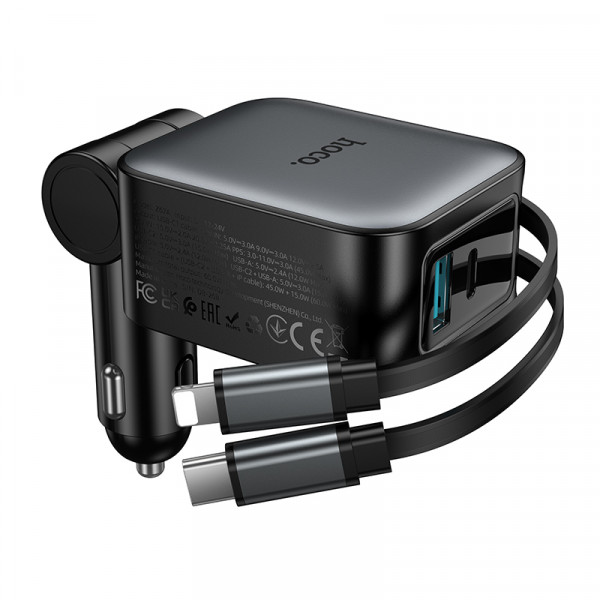 Автомобільний зарядний пристрій HOCO Z67A Triunfar PD60W(1C1A)+Type-C/iP car charger with dual telescopic cable and digital display dark Metal Gray (6942007680844)