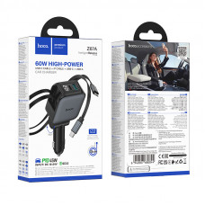Автомобільний зарядний пристрій HOCO Z67A Triunfar PD60W(1C1A)+Type-C/iP car charger with dual telescopic cable and digital display dark Metal Gray (6942007680844)